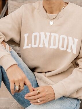 Bohme Beige London Velvet Graphic Pullover Relaxed Fit Crewneck